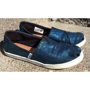 Blue metallic canvas Toms slip on fabric sneakers espadrilles, Youth 4 Alpargata